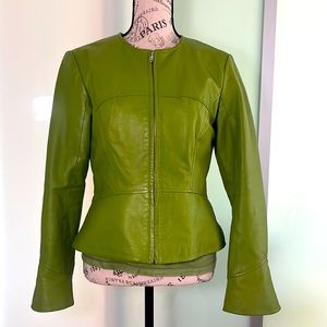 Vintage Green Leather Moto Cropped Jacket
